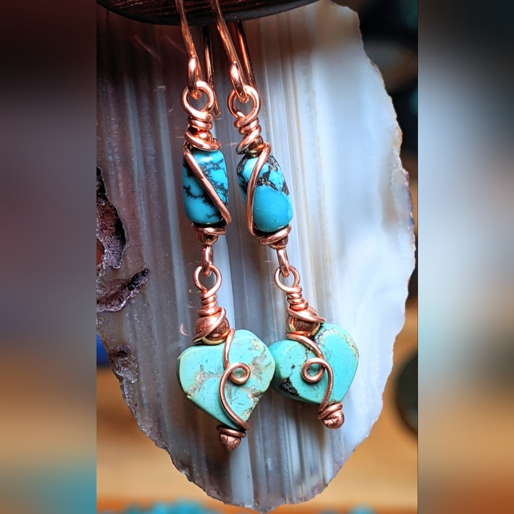 Authentic Turquoise Heart Earrings Copper Wire Wrap Dangle Drop - Picture 7 of 8